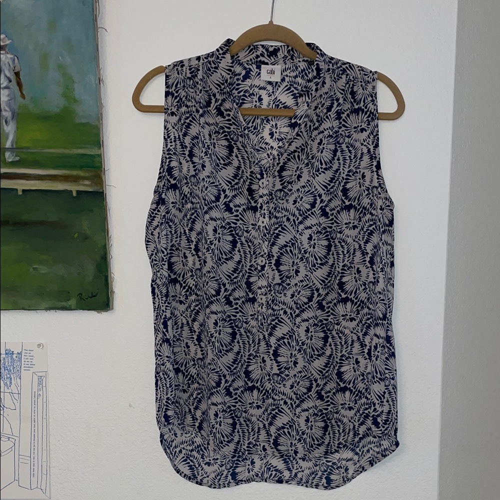 CAbi Blue and White Patterned Sleeveless Blouse